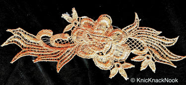 Antique Gold / Bronze Tone Crochet Thread Fabric Applique With Leaves and Flowers, Flower Applique - 200317A86